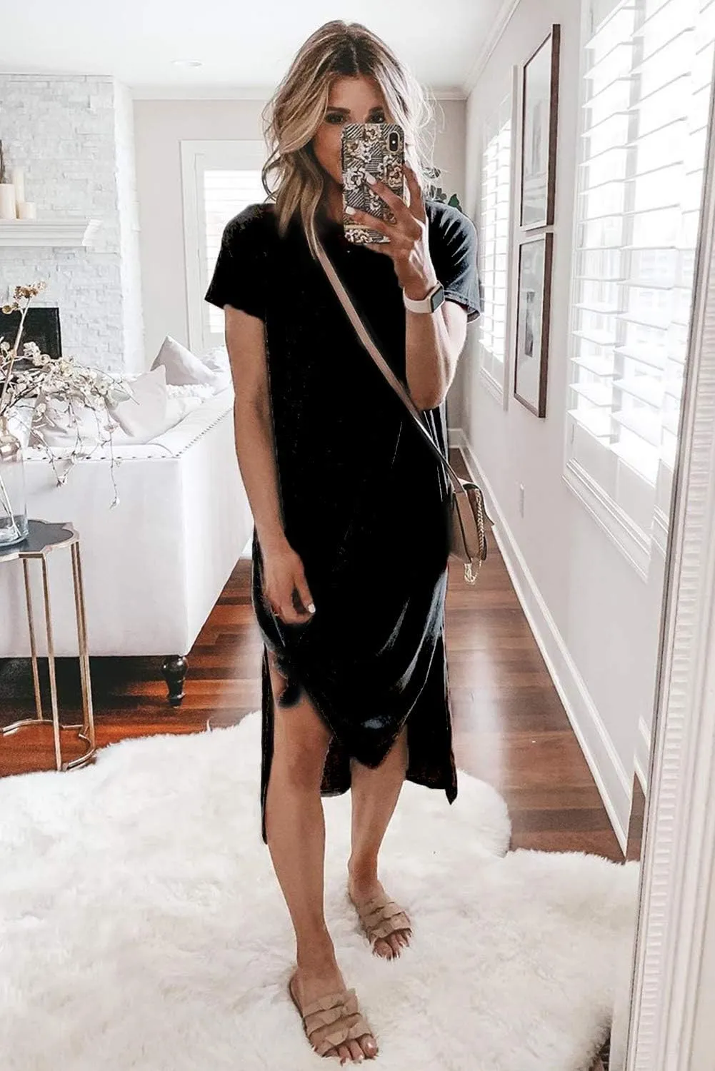 Alaster Womens Casual T-Shirt Midi Dress 2025 Short Sleeve Summer High Splits Dress with Pocket High Low Solid Midi Dress