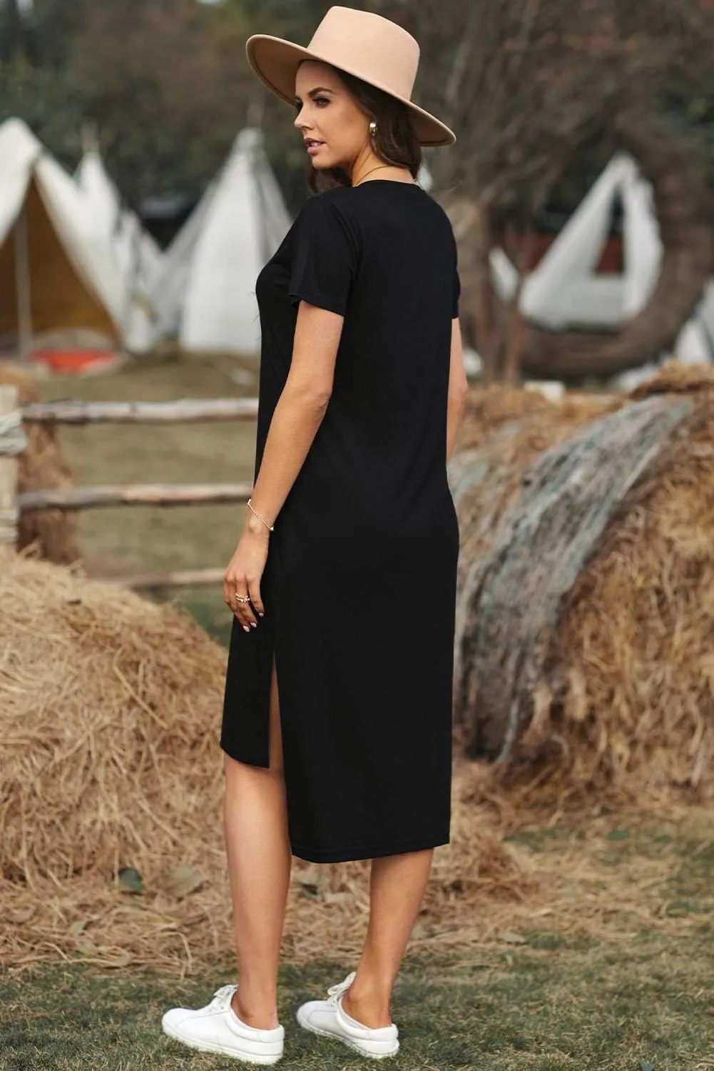 Alaster Womens Casual T-Shirt Midi Dress 2025 Short Sleeve Summer High Splits Dress with Pocket High Low Solid Midi Dress