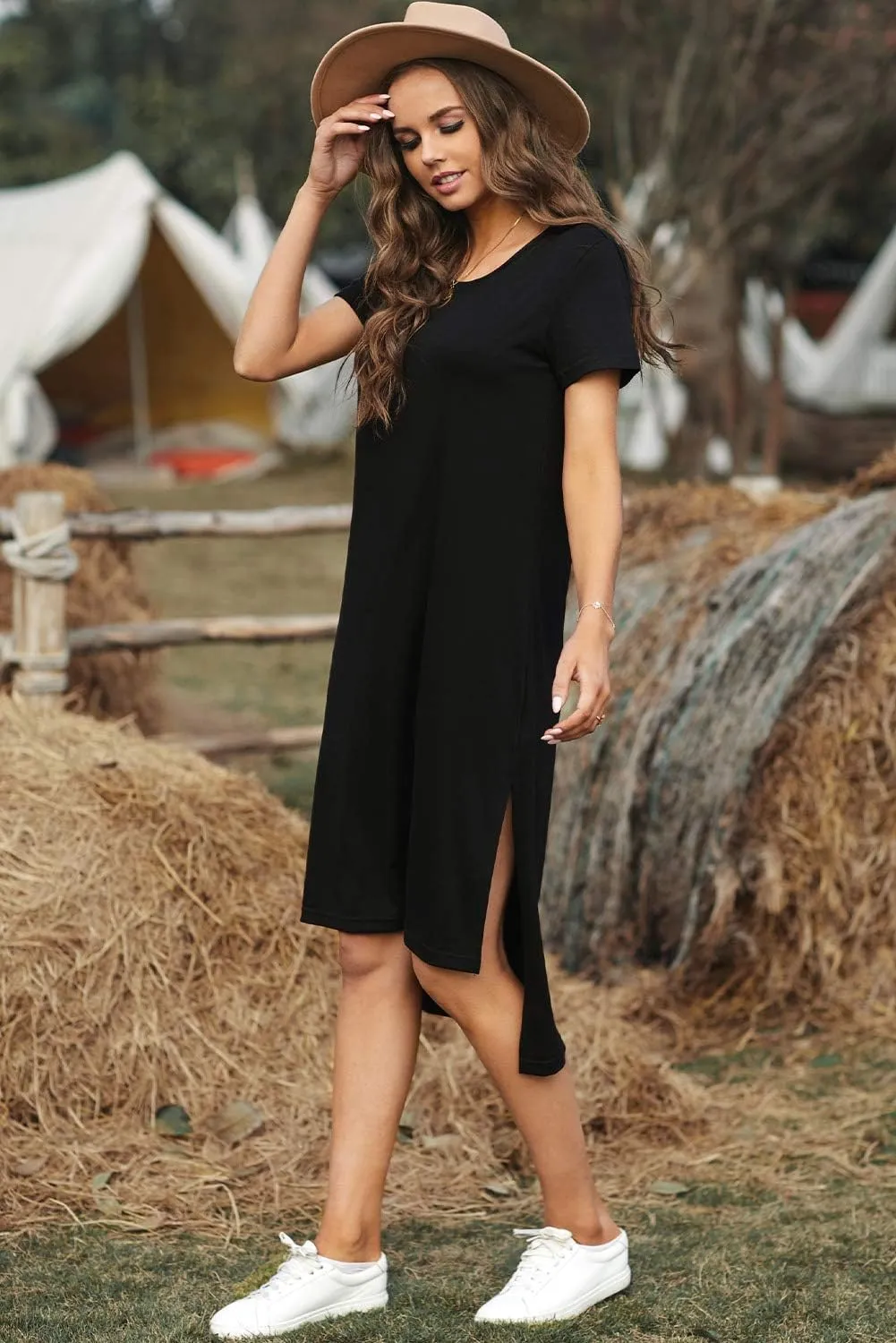 Alaster Womens Casual T-Shirt Midi Dress 2025 Short Sleeve Summer High Splits Dress with Pocket High Low Solid Midi Dress