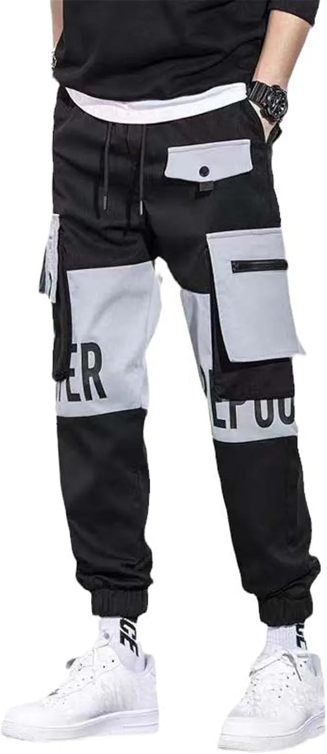Aoleaky Men's Streetwear Casual Ribbon-Embellished Harem Jogging Pants Slim Fit Spring Cargo Pants with Multi-Pockets