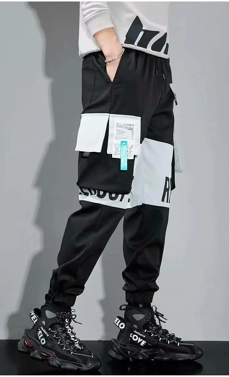 Aoleaky Men's Streetwear Casual Ribbon-Embellished Harem Jogging Pants Slim Fit Spring Cargo Pants with Multi-Pockets