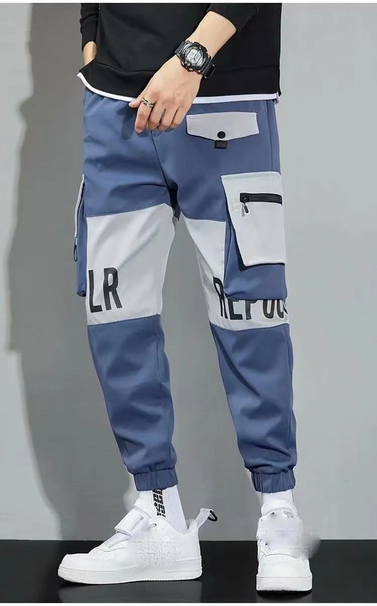 Aoleaky Men's Streetwear Casual Ribbon-Embellished Harem Jogging Pants Slim Fit Spring Cargo Pants with Multi-Pockets