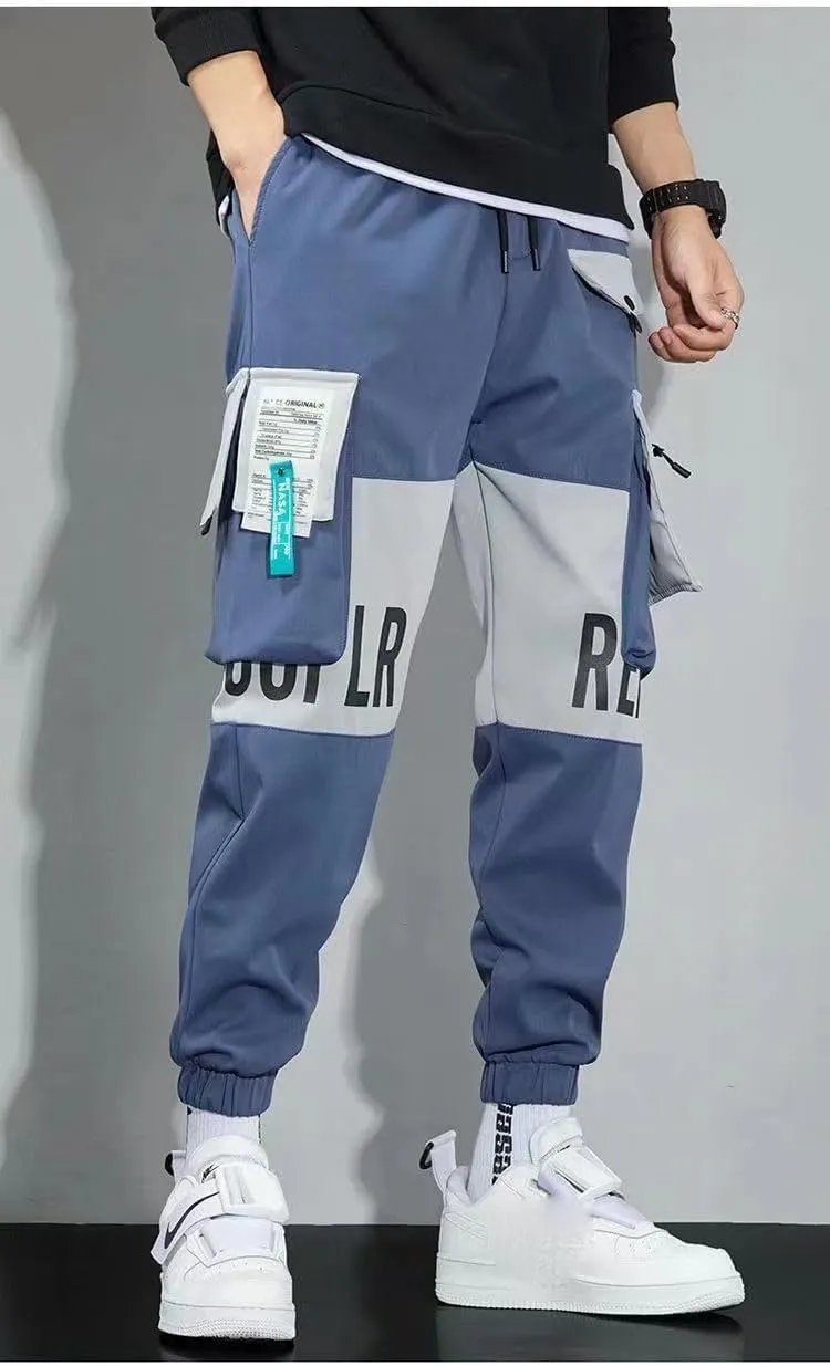 Aoleaky Men's Streetwear Casual Ribbon-Embellished Harem Jogging Pants Slim Fit Spring Cargo Pants with Multi-Pockets