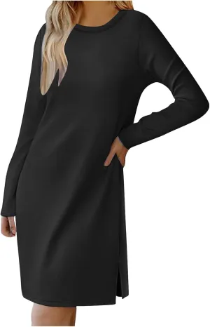 Autumn Dresses for Women 2024 Fashion Long Sleeve Plain Crewneck Dress Casual Dressy Semi Formal Midi Dress Fall Tops