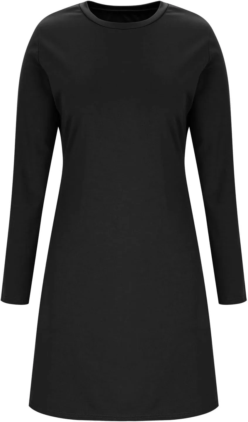 Autumn Dresses for Women 2024 Fashion Long Sleeve Plain Crewneck Dress Casual Dressy Semi Formal Midi Dress Fall Tops