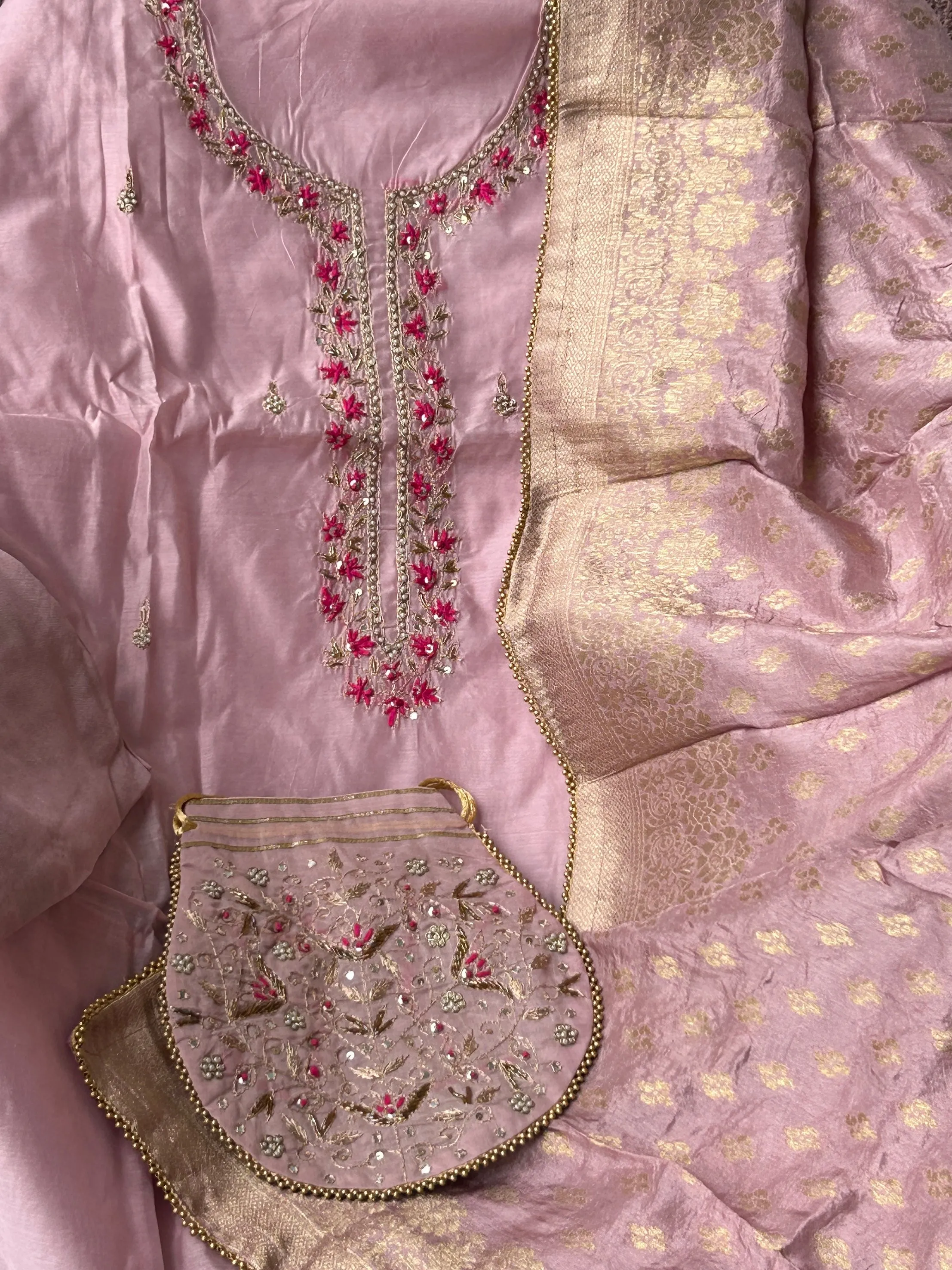 Banarasi Dress Material with Matching Potli