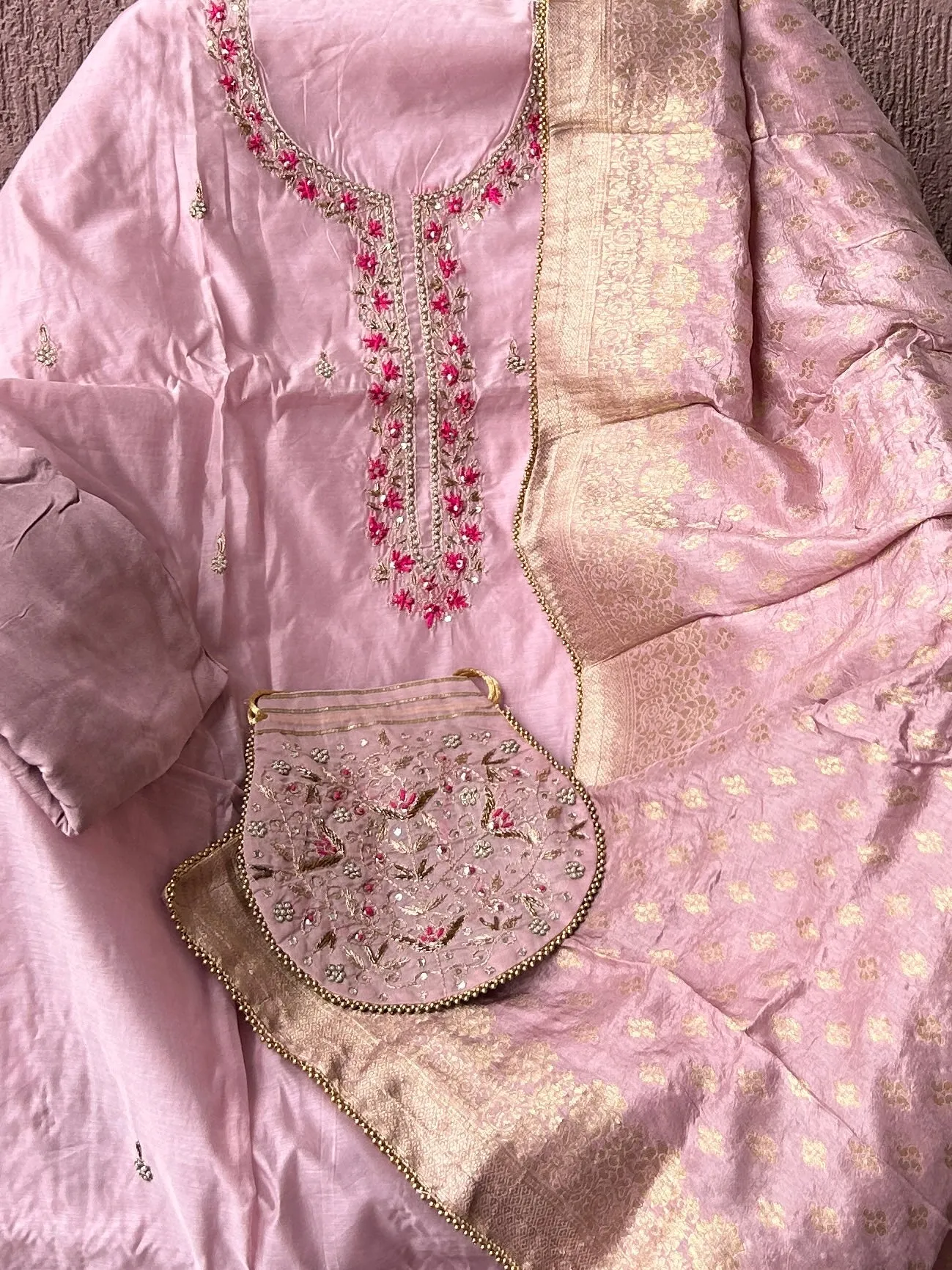 Banarasi Dress Material with Matching Potli