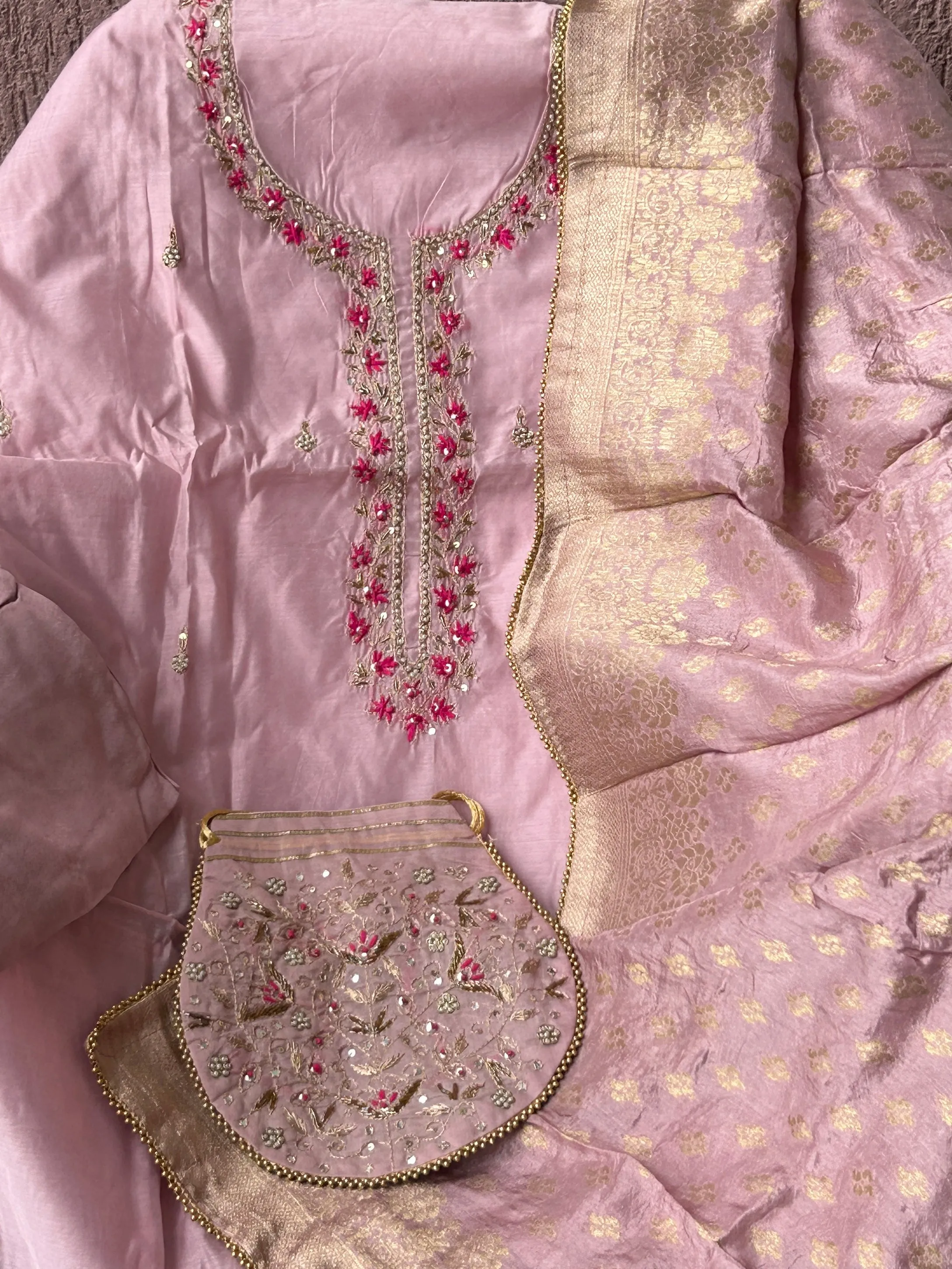 Banarasi Dress Material with Matching Potli