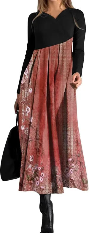 BAXLIMEK Long Sleeve Dresses for Women,2025 Spring Trendy V Neck Patchwork Maxi Dress Casual Loose Flowy Ruched Beach Dress