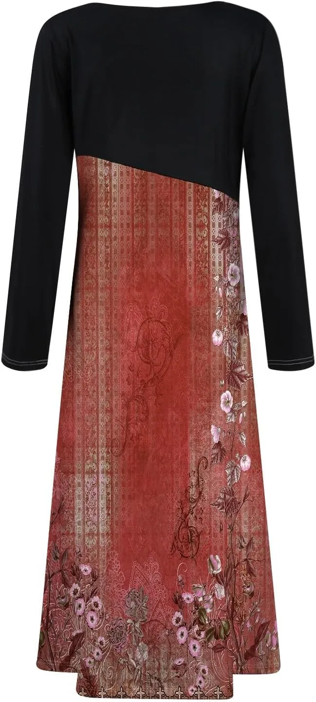 BAXLIMEK Long Sleeve Dresses for Women,2025 Spring Trendy V Neck Patchwork Maxi Dress Casual Loose Flowy Ruched Beach Dress