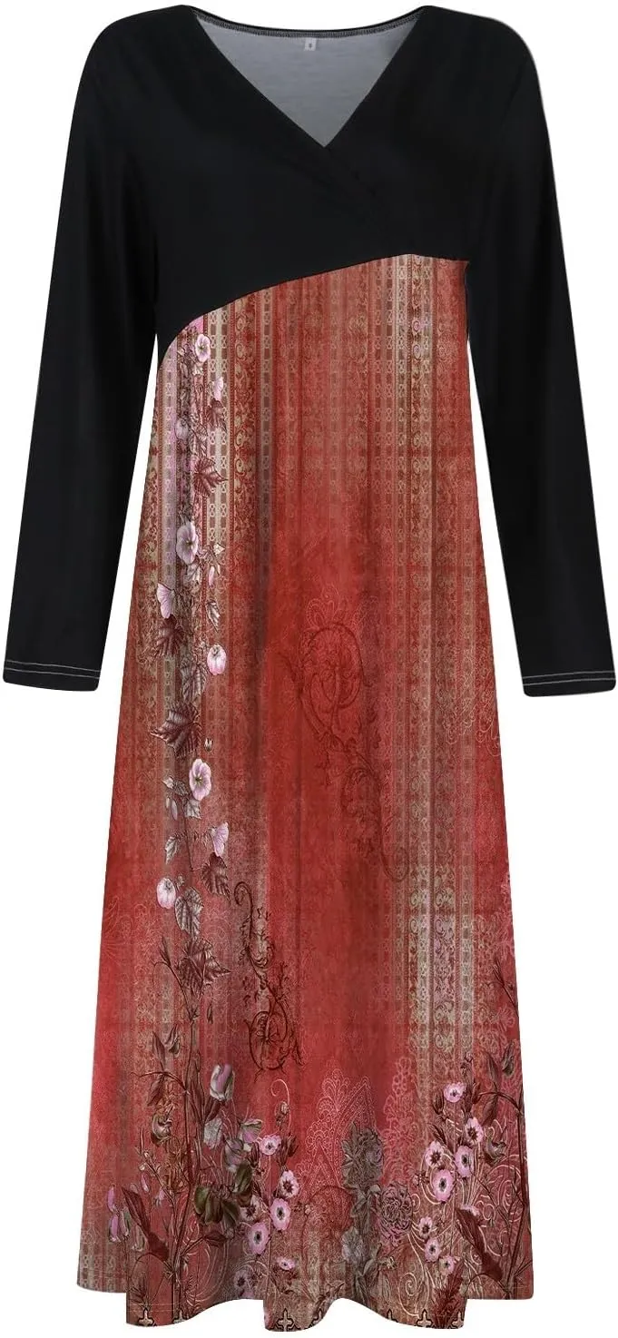 BAXLIMEK Long Sleeve Dresses for Women,2025 Spring Trendy V Neck Patchwork Maxi Dress Casual Loose Flowy Ruched Beach Dress