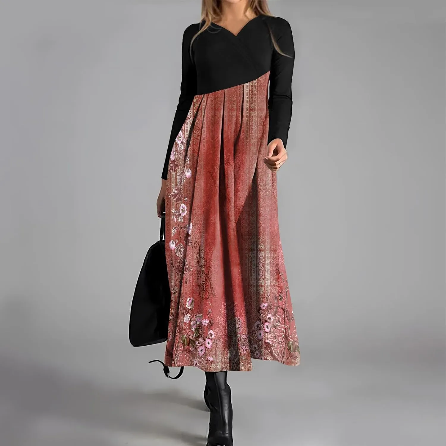 BAXLIMEK Long Sleeve Dresses for Women,2025 Spring Trendy V Neck Patchwork Maxi Dress Casual Loose Flowy Ruched Beach Dress