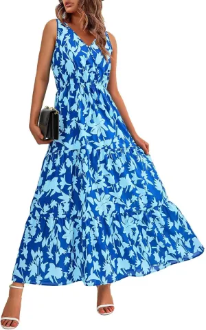 BAXLIMEK Maxi Dresses for Women,2025 Spring Summer Trendy Floral Print V Neck Sleeveless Boho Dress,Flowy Ruched Sundress