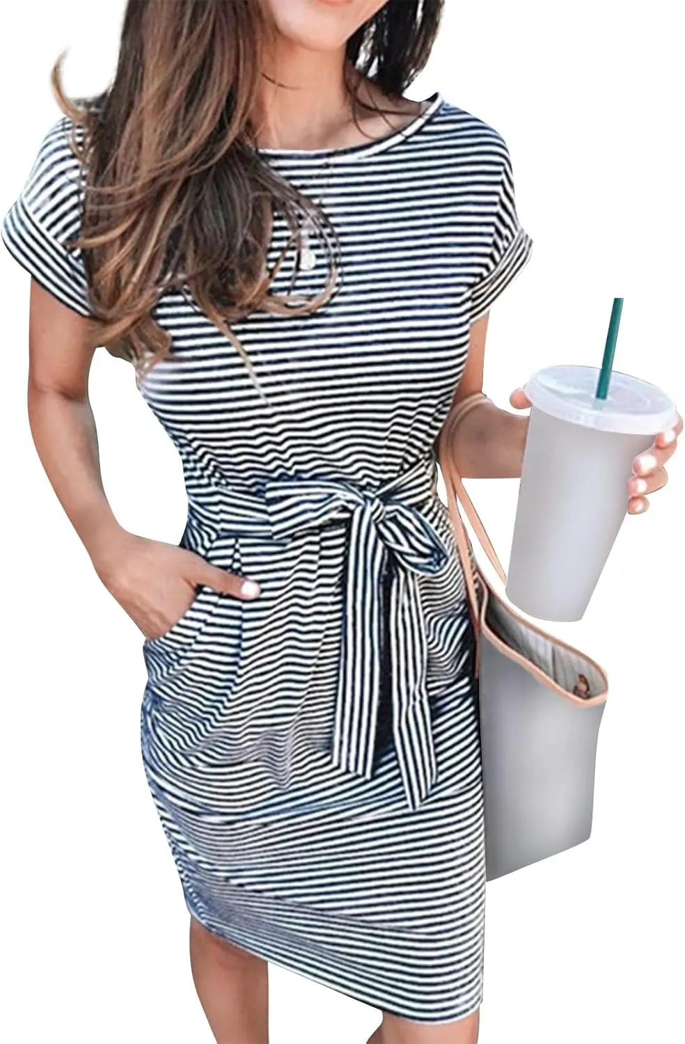 BAXLIMEK Midi Dresses for Women,2025 Summer Trendy Striped Casual Crewneck Short Sleeve T Shirt Dress Tie Waist with Pockets