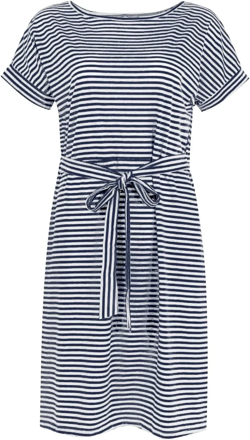 BAXLIMEK Midi Dresses for Women,2025 Summer Trendy Striped Casual Crewneck Short Sleeve T Shirt Dress Tie Waist with Pockets