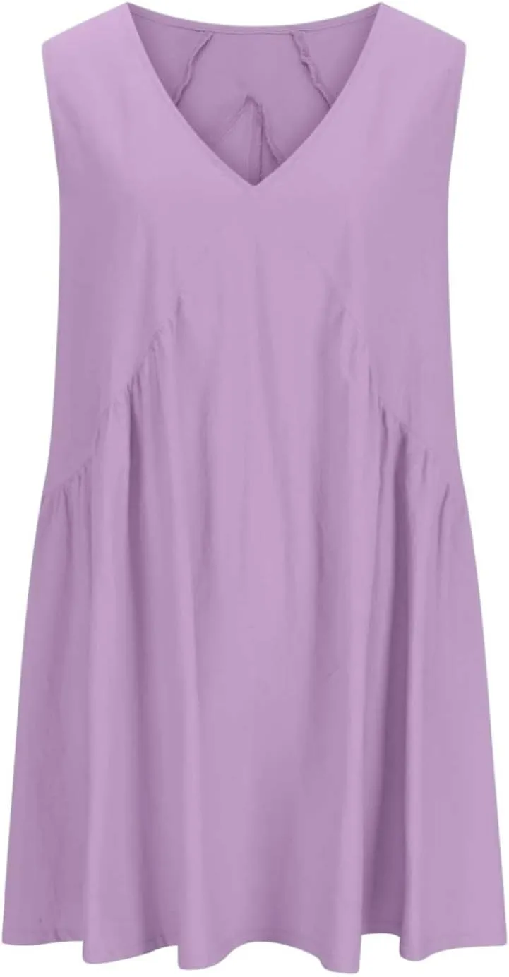 Beach Mini Dress for Women Sleeveless V-Neck Pleated Dresses Summer Solid Loose Sundress Casual Flowy Swing Dress