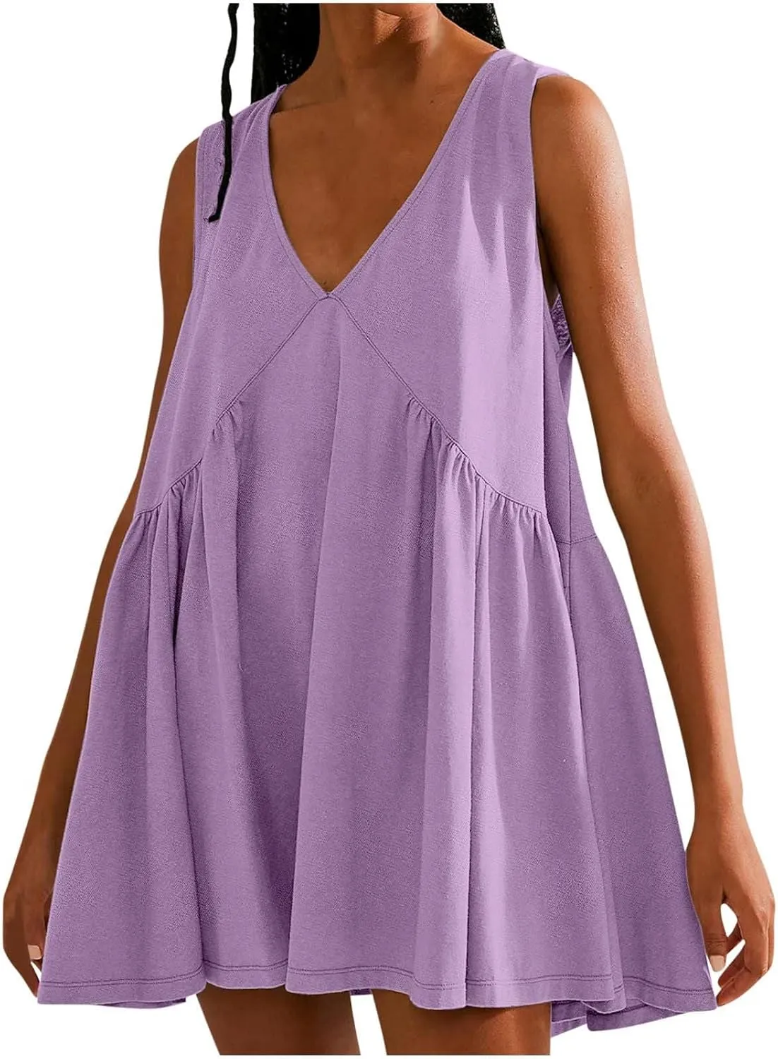 Beach Mini Dress for Women Sleeveless V-Neck Pleated Dresses Summer Solid Loose Sundress Casual Flowy Swing Dress