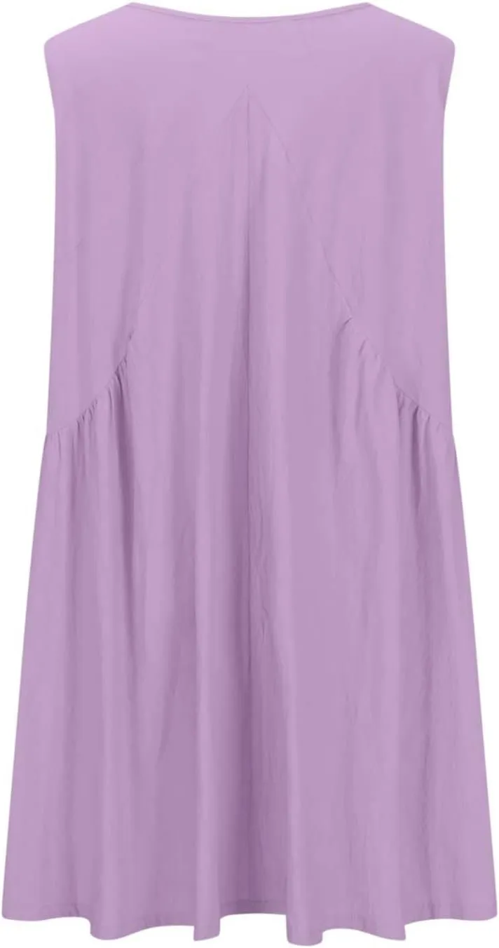 Beach Mini Dress for Women Sleeveless V-Neck Pleated Dresses Summer Solid Loose Sundress Casual Flowy Swing Dress