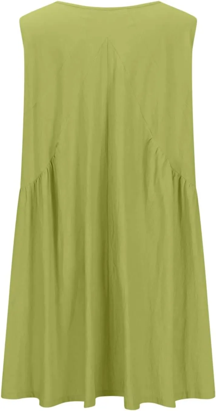Beach Mini Dress for Women Sleeveless V-Neck Pleated Dresses Summer Solid Loose Sundress Casual Flowy Swing Dress