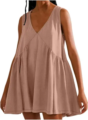 Beach Mini Dress for Women Sleeveless V-Neck Pleated Dresses Summer Solid Loose Sundress Casual Flowy Swing Dress