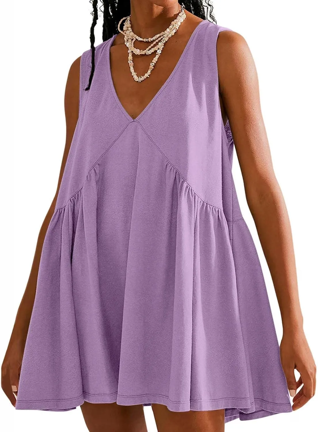 Beach Mini Dress for Women Sleeveless V-Neck Pleated Dresses Summer Solid Loose Sundress Casual Flowy Swing Dress