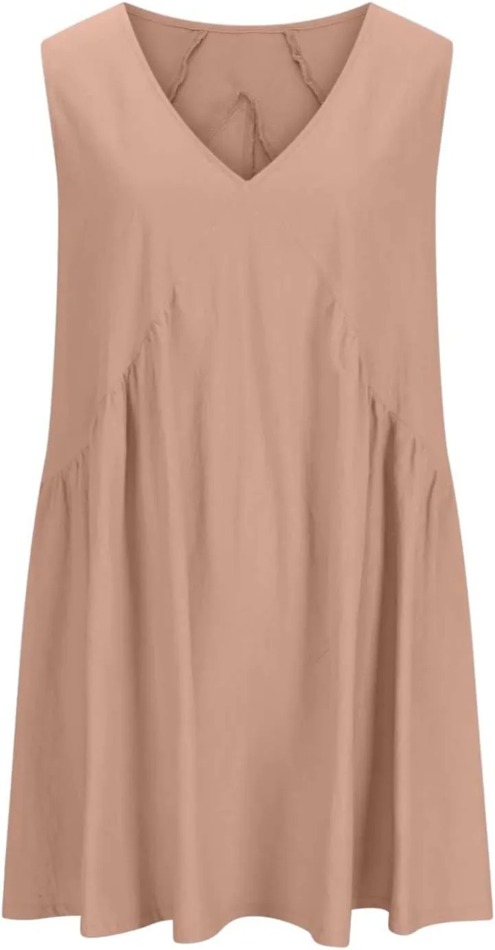 Beach Mini Dress for Women Sleeveless V-Neck Pleated Dresses Summer Solid Loose Sundress Casual Flowy Swing Dress