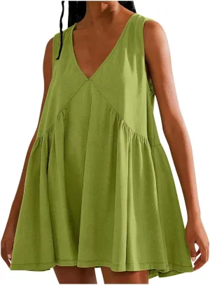 Beach Mini Dress for Women Sleeveless V-Neck Pleated Dresses Summer Solid Loose Sundress Casual Flowy Swing Dress