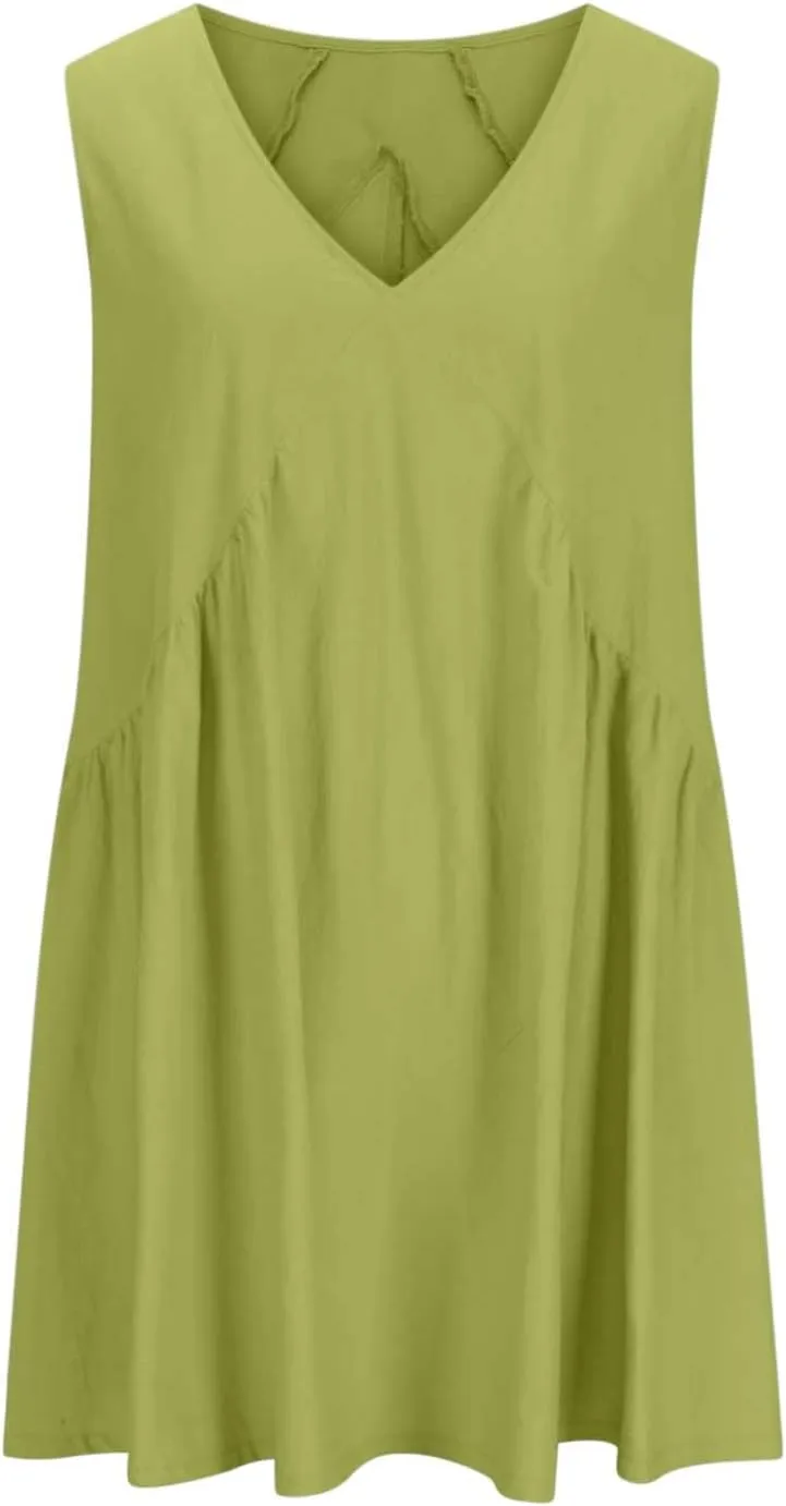Beach Mini Dress for Women Sleeveless V-Neck Pleated Dresses Summer Solid Loose Sundress Casual Flowy Swing Dress