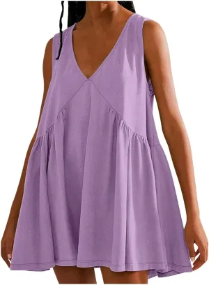 Beach Mini Dress for Women Sleeveless V-Neck Pleated Dresses Summer Solid Loose Sundress Casual Flowy Swing Dress