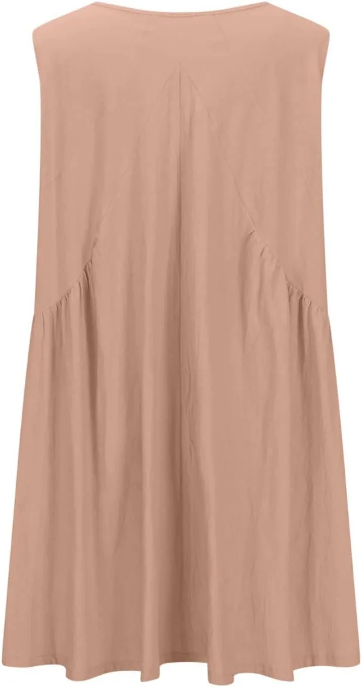 Beach Mini Dress for Women Sleeveless V-Neck Pleated Dresses Summer Solid Loose Sundress Casual Flowy Swing Dress
