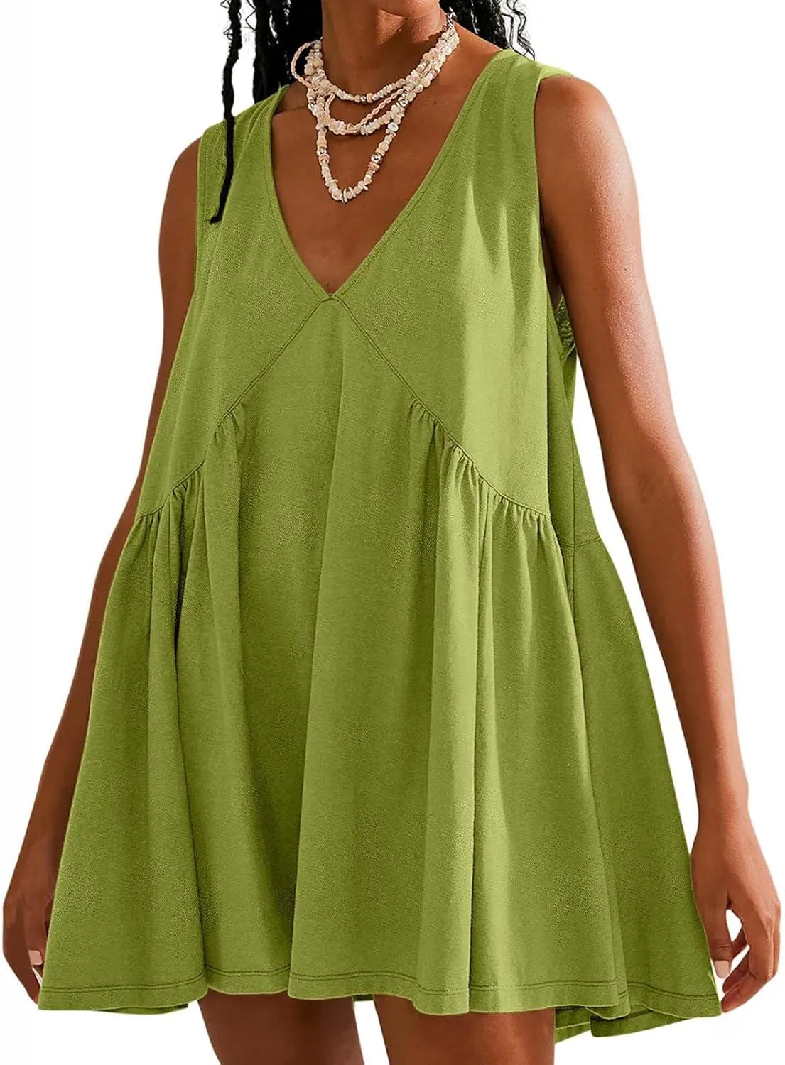 Beach Mini Dress for Women Sleeveless V-Neck Pleated Dresses Summer Solid Loose Sundress Casual Flowy Swing Dress