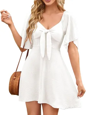 Beach Vacation Clothes for Women Fashion Casual V-Neck Ruffle Short Sleeve Dresses Beach A-Line Mini Dress Sundress