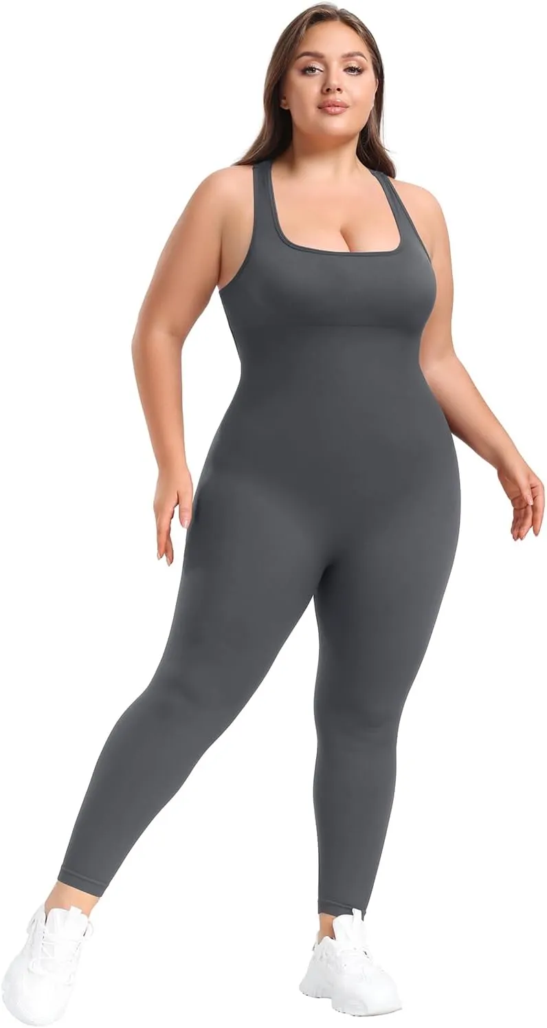 BLEVONH Women Backless Jumpsuits Sleeveless Scoop Neck Workout Yoga Jumpsuit Built In Bra Plus size