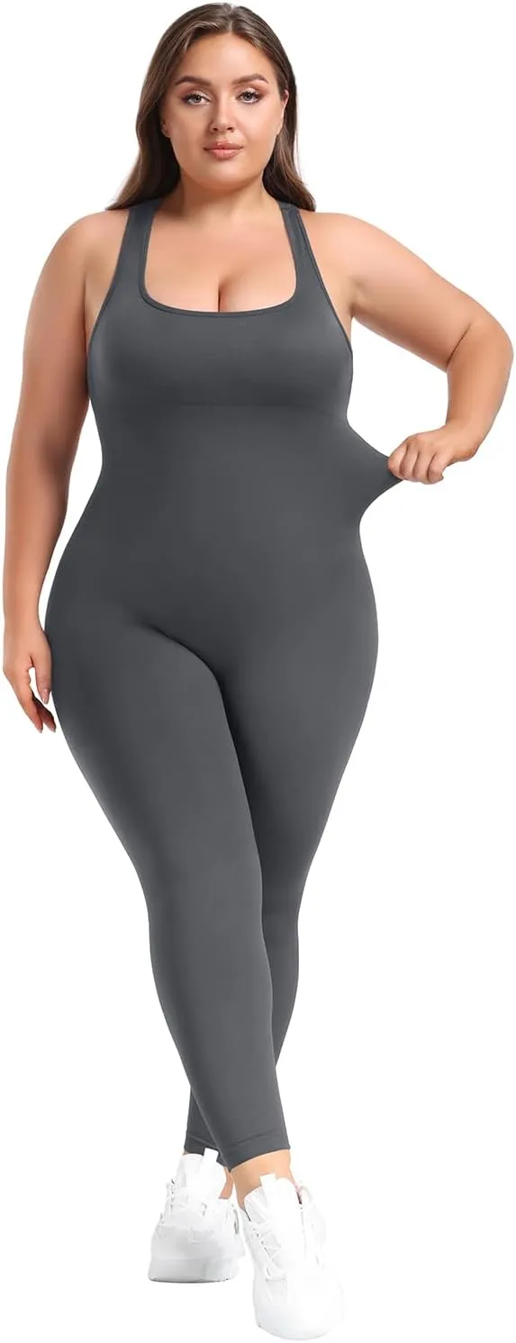 BLEVONH Women Backless Jumpsuits Sleeveless Scoop Neck Workout Yoga Jumpsuit Built In Bra Plus size