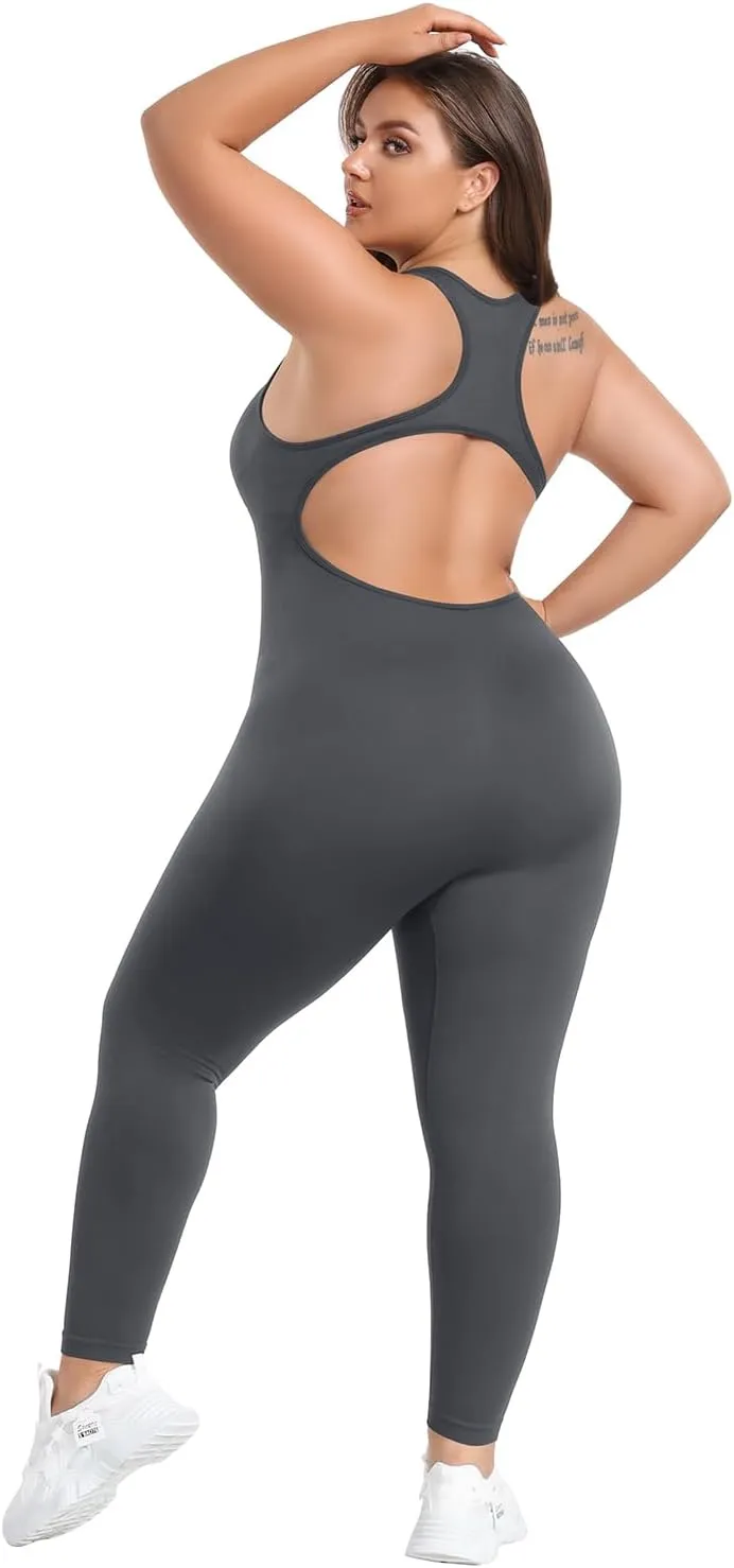 BLEVONH Women Backless Jumpsuits Sleeveless Scoop Neck Workout Yoga Jumpsuit Built In Bra Plus size