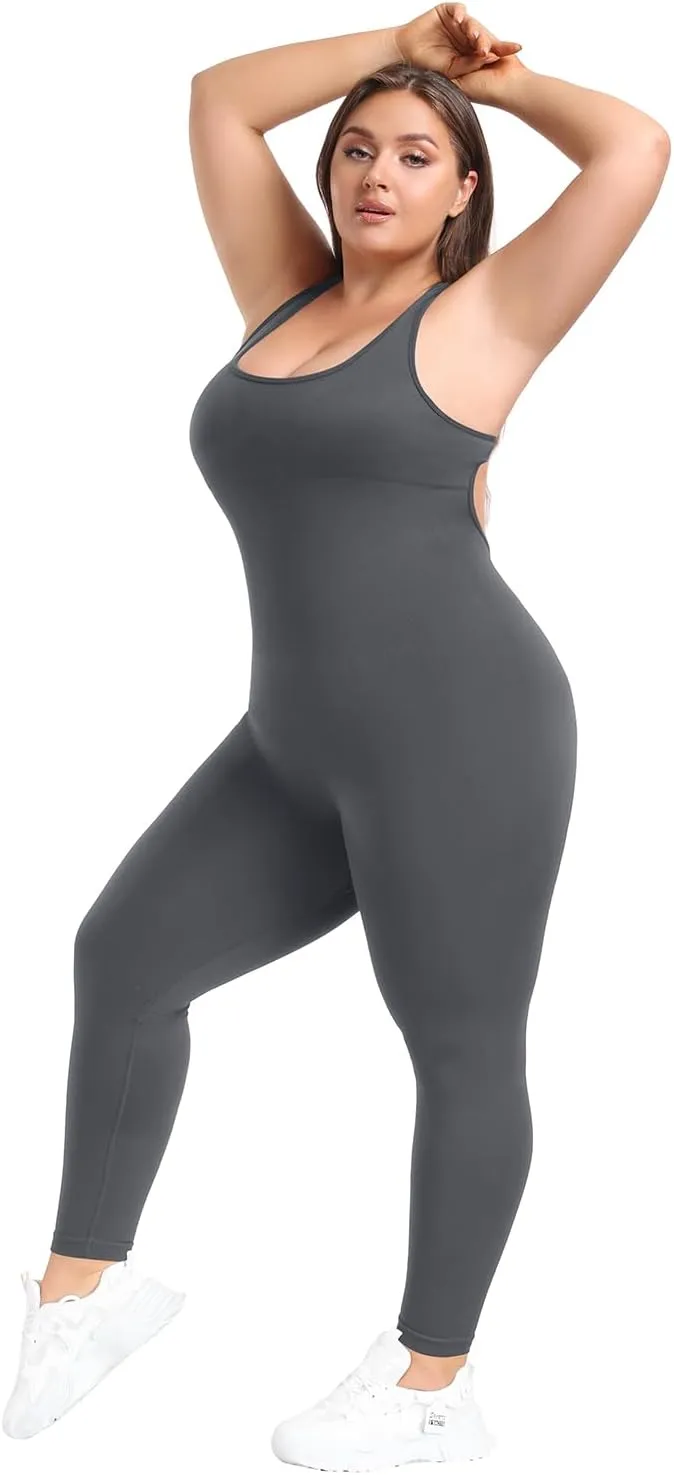BLEVONH Women Backless Jumpsuits Sleeveless Scoop Neck Workout Yoga Jumpsuit Built In Bra Plus size