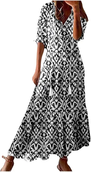 Boho Maxi Dresses for Women Summer Fashion Print V Neck Short Sleeve Flowy Dress Long Beach Dress Casual Sundress