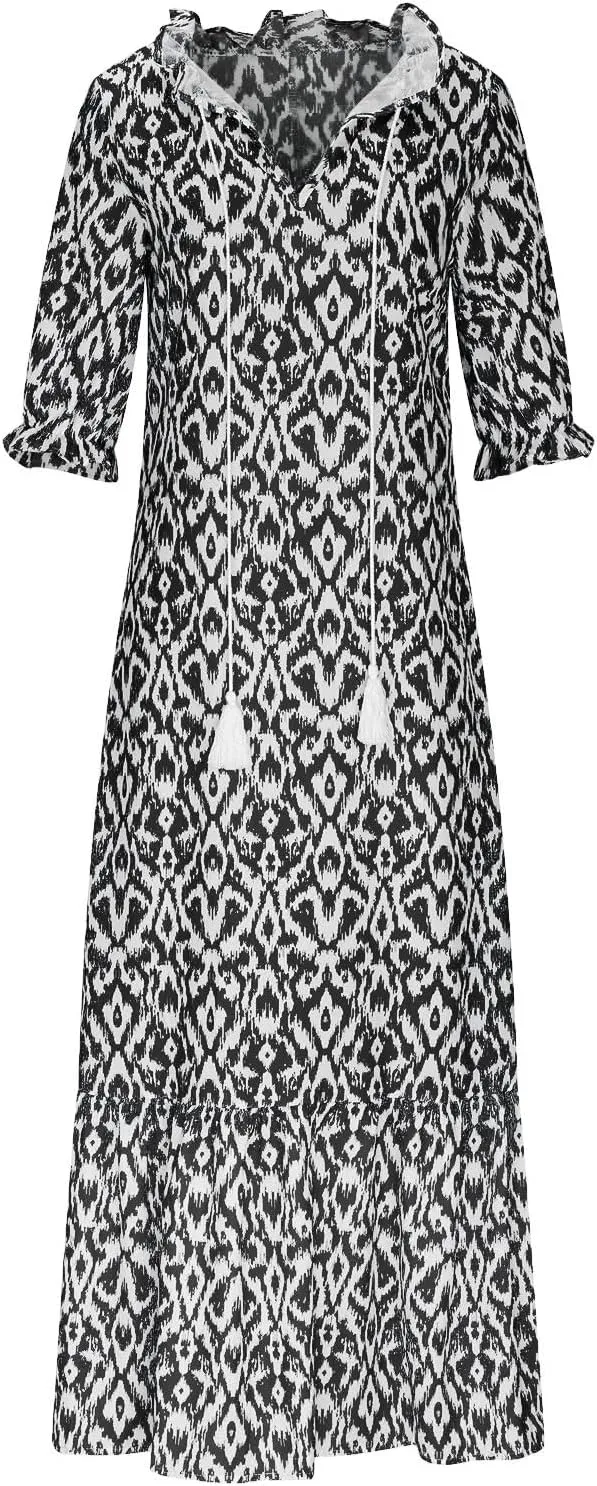 Boho Maxi Dresses for Women Summer Fashion Print V Neck Short Sleeve Flowy Dress Long Beach Dress Casual Sundress