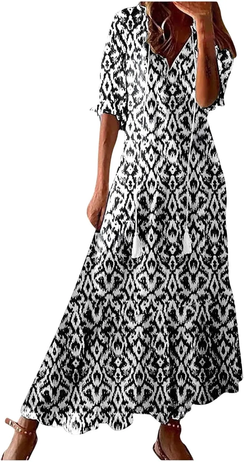 Boho Maxi Dresses for Women Summer Fashion Print V Neck Short Sleeve Flowy Dress Long Beach Dress Casual Sundress