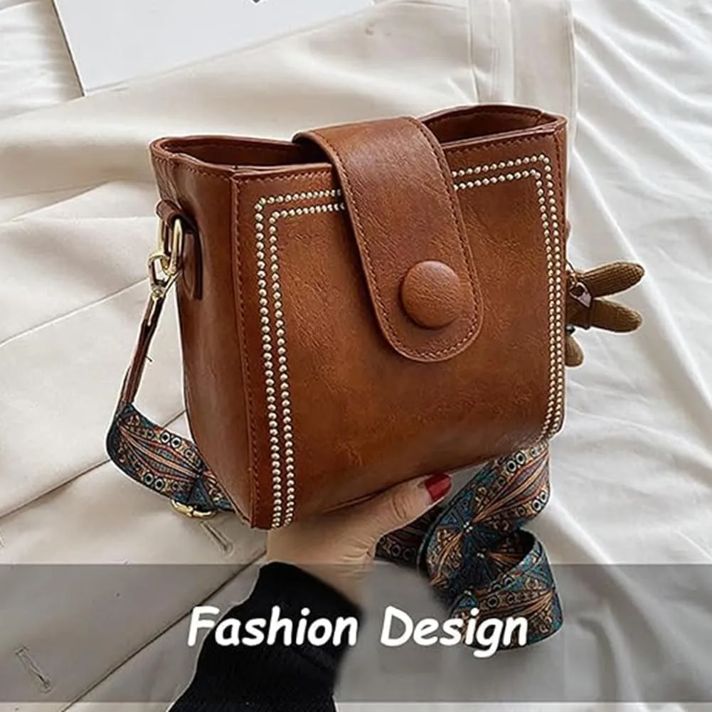 Bootara Bucket Bag, Vintage Crossbody Bag, Adjustable Wide Shoulder Strap, With Cute Rabbit Pendant, Shoulder/Crossbody