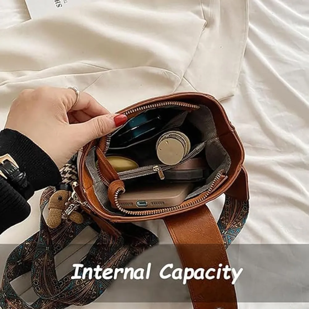 Bootara Bucket Bag, Vintage Crossbody Bag, Adjustable Wide Shoulder Strap, With Cute Rabbit Pendant, Shoulder/Crossbody