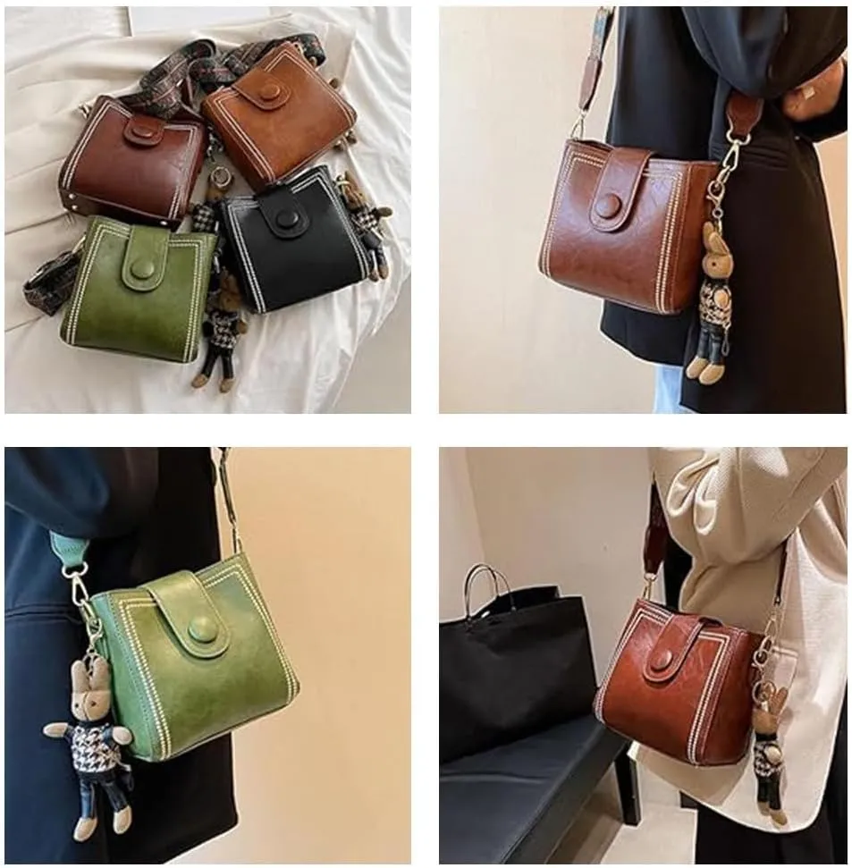 Bootara Bucket Bag, Vintage Crossbody Bag, Adjustable Wide Shoulder Strap, With Cute Rabbit Pendant, Shoulder/Crossbody
