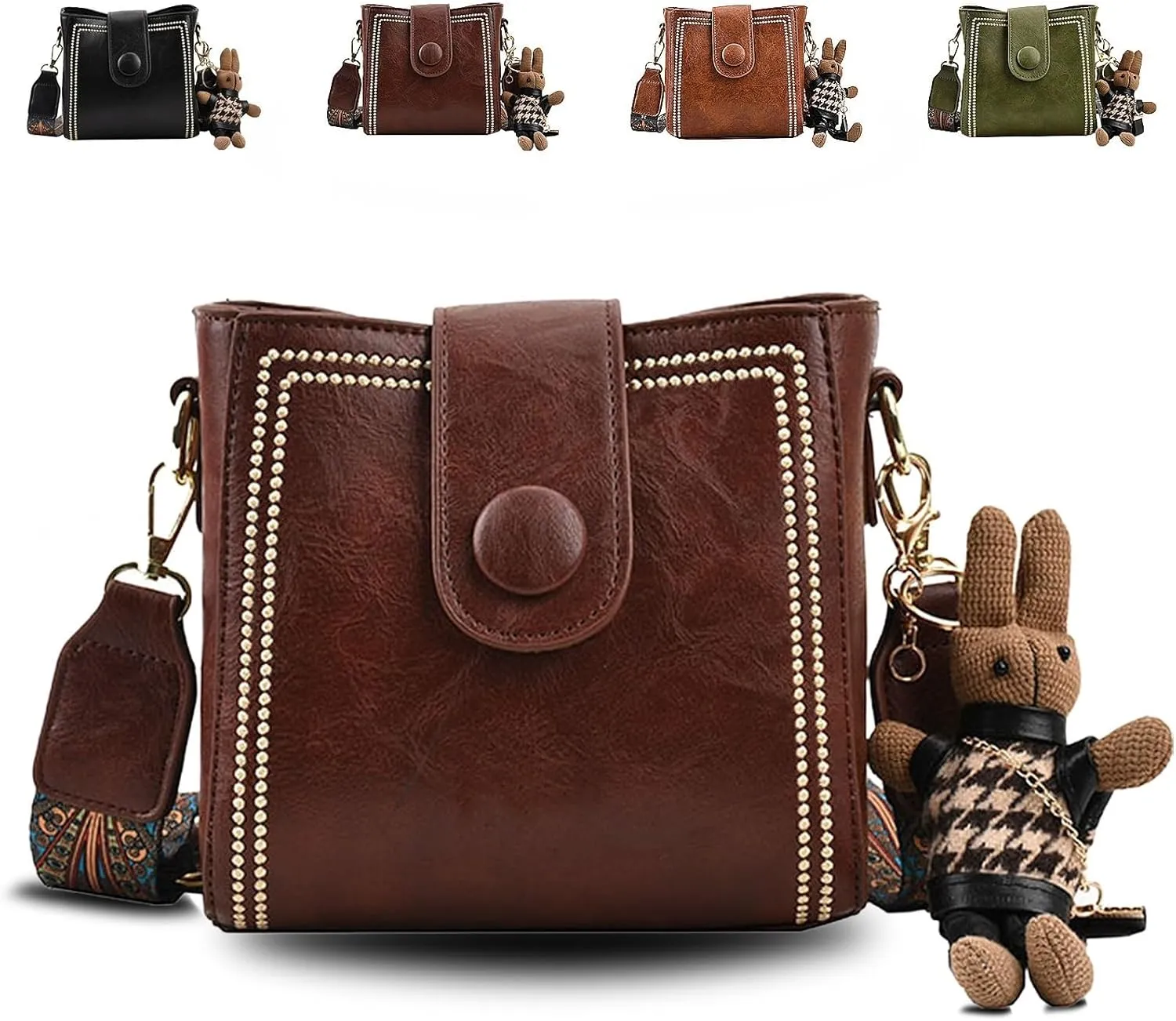 Bootara Bucket Bag, Vintage Crossbody Bag, Adjustable Wide Shoulder Strap, With Cute Rabbit Pendant, Shoulder/Crossbody