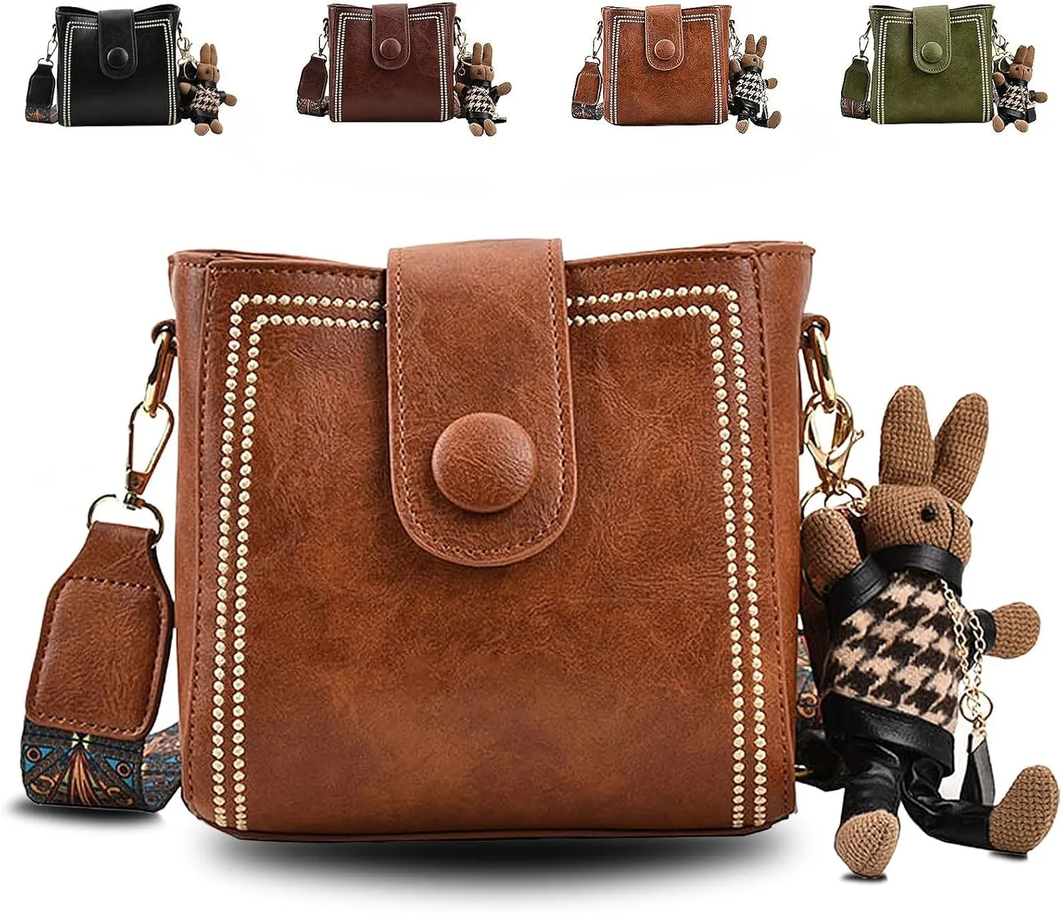 Bootara Bucket Bag, Vintage Crossbody Bag, Adjustable Wide Shoulder Strap, With Cute Rabbit Pendant, Shoulder/Crossbody