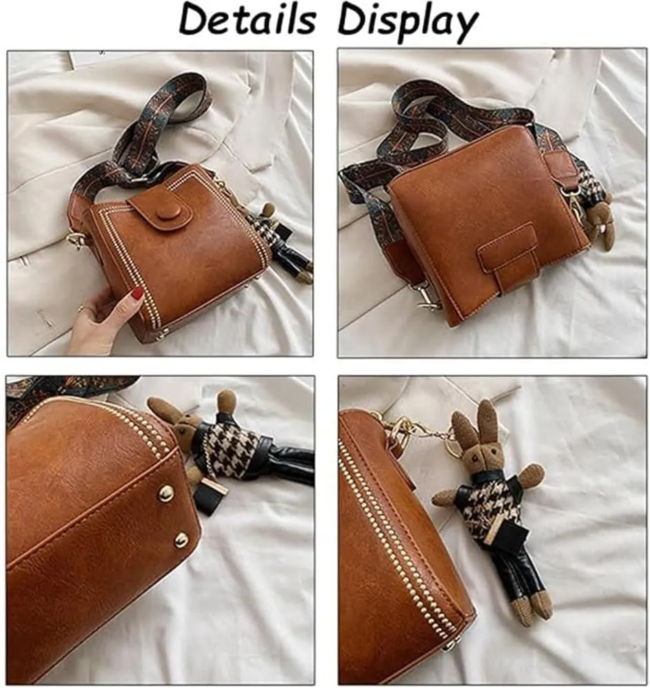Bootara Bucket Bag, Vintage Crossbody Bag, Adjustable Wide Shoulder Strap, With Cute Rabbit Pendant, Shoulder/Crossbody