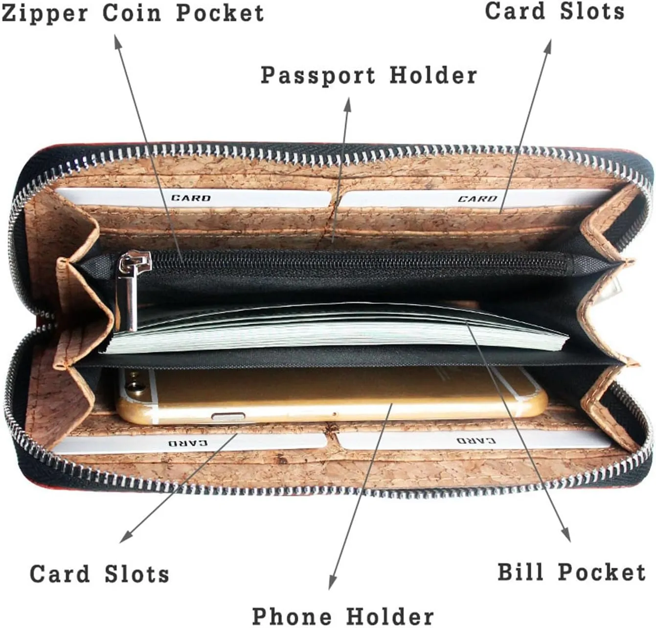 boshiho Cork Vegan Purse Wallet, Women's Smart Phone Clutch Long Purse with Card Holder