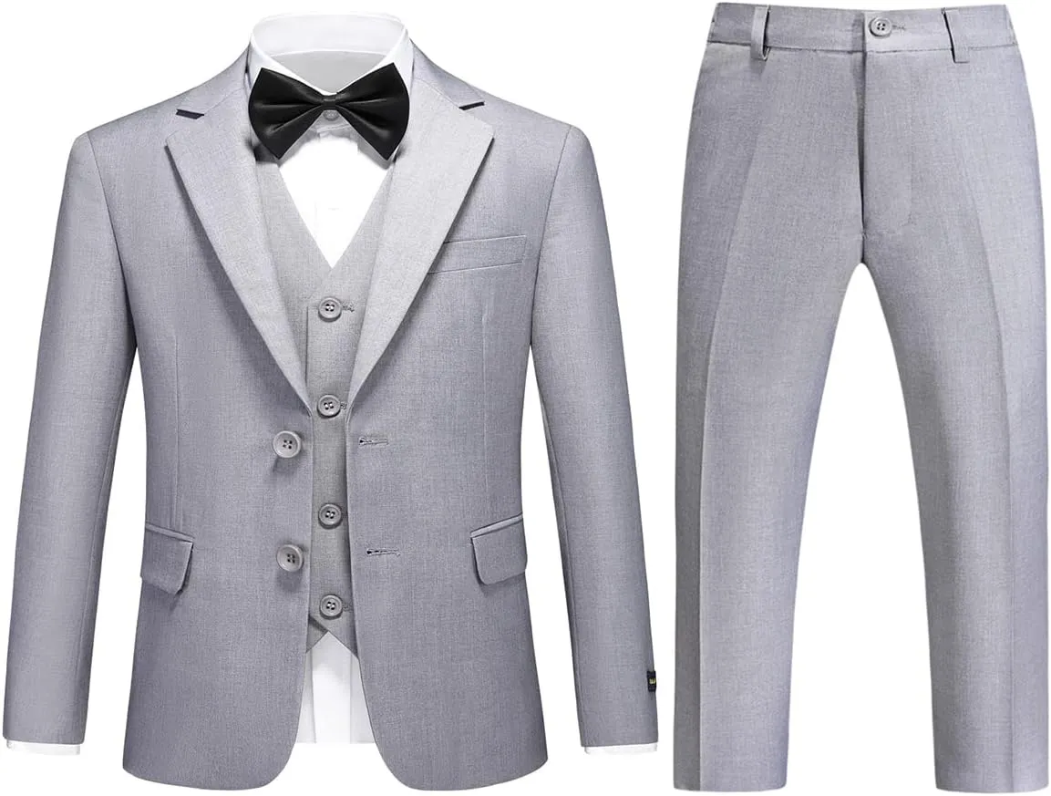 Boys Suits Solid Slim Fit Tuxedo 3 Piece Set with Blazer Jacket Dressing Pants Vest for Kids Wedding Prom Ring Bearer Outfit