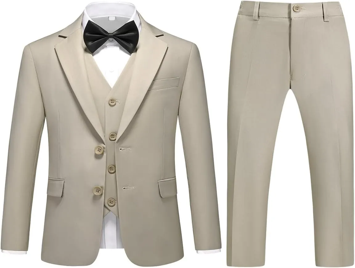 Boys Suits Solid Slim Fit Tuxedo 3 Piece Set with Blazer Jacket Dressing Pants Vest for Kids Wedding Prom Ring Bearer Outfit