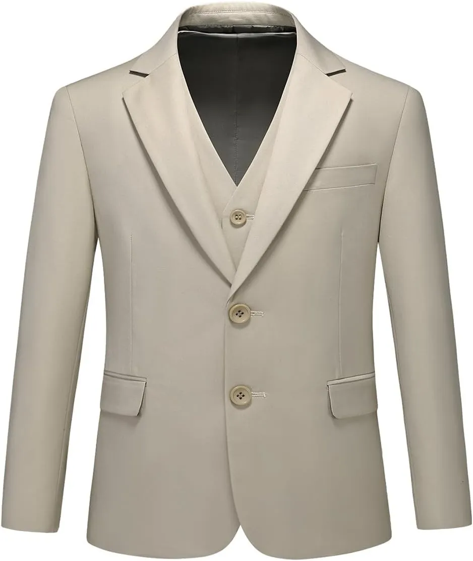 Boys Suits Solid Slim Fit Tuxedo 3 Piece Set with Blazer Jacket Dressing Pants Vest for Kids Wedding Prom Ring Bearer Outfit