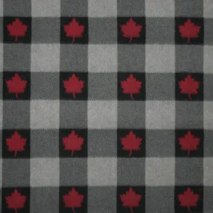 Canadiana Fleece Prints - Buffalo Plaid - Black on Grey with Red Maple Leaf